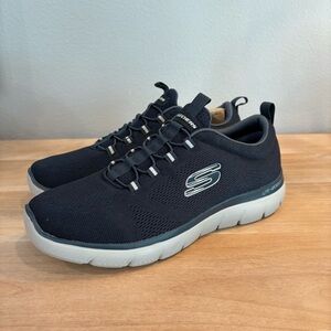 Men's 10 Skechers Memory Foam Navy Blue Slip on Athletic Sport Walking Shoes